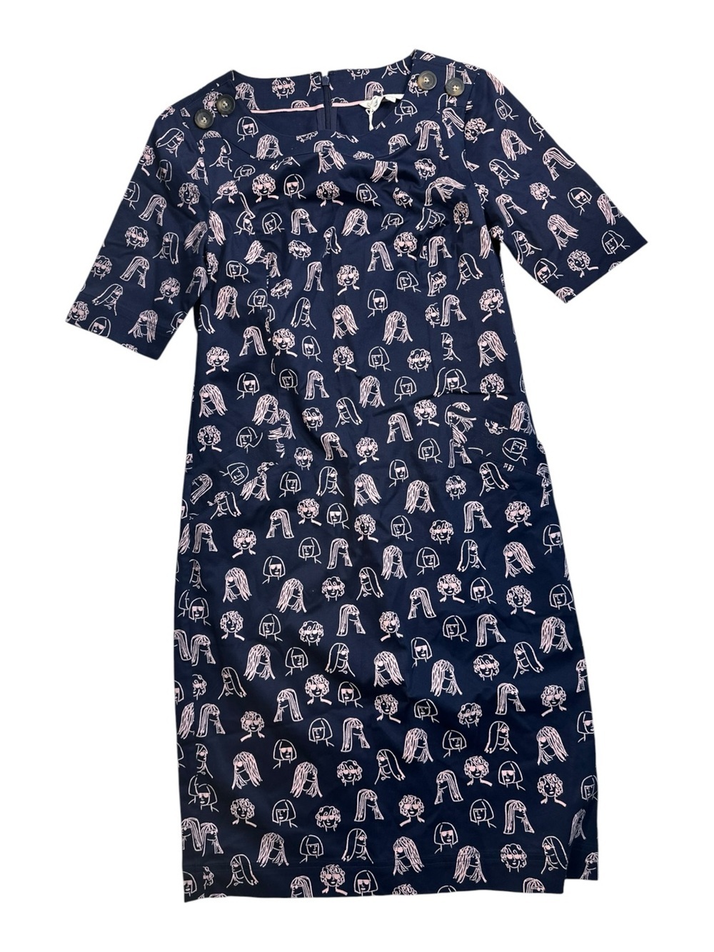 Boden Navy Pink Face Print Lona Chit Chat Shift Dress Cotton Stretch Size 4L NEW